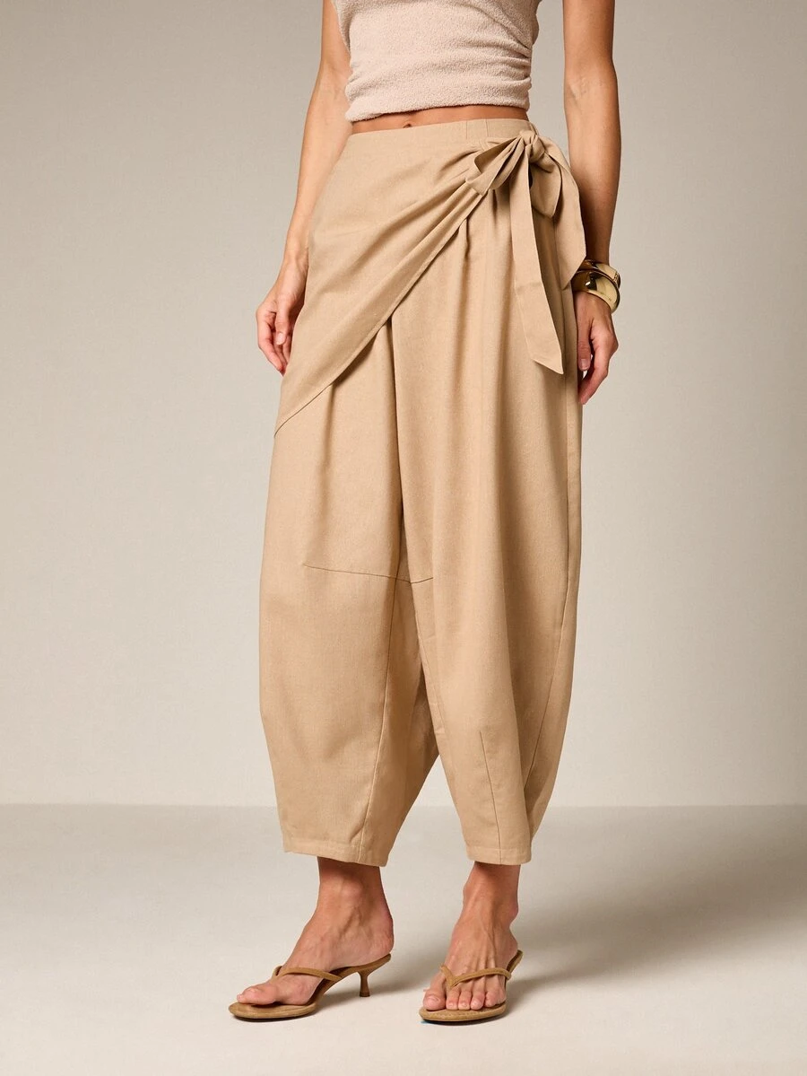 Barrel Leg Wrap Detail High Rise Wide Leg Palazzo Trousers With Tie Front Closure Casual Summer Relaxed Fit Pants - Khaki - View 1