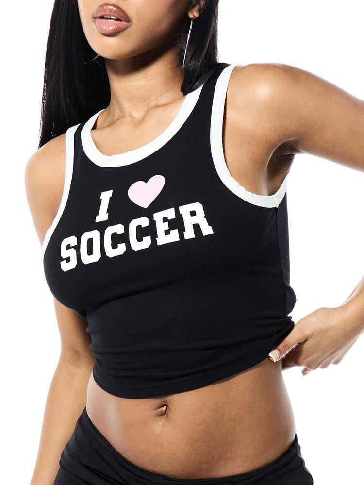 SUMWON WOMEN I Love Soccer Graphic Print Cropped Tank Top With White Contrast Trim Sleeveless Summer Casual Sporty Feminine Style Fitted Chest Design