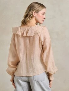 Rouah 女士米色薄纱褶皱雪纺荷叶边长灯笼袖系带喇叭上衣，适合夏季约会之夜 - 橘色 - 查看 2