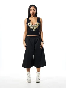 SUMWON WOMEN Áo tank top lấy cảm hứng từ thể thao, in hình đội Lakers và tiểu bang California, cổ khoét sâu, thiết kế không tay. - màu đen - Xem 4