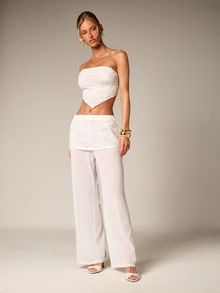 AiiRZ Fold Over Lace Panel Wide Leg Palazzo Trouser High Rise Flowing Summer Elegant Party Evening Formal Casual Spring - White - View 5
