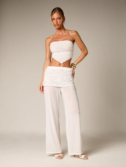 AiiRZ Fold Over Lace Panel Wide Leg Palazzo Trouser High Rise Flowing Summer Elegant Party Evening Formal Casual Spring