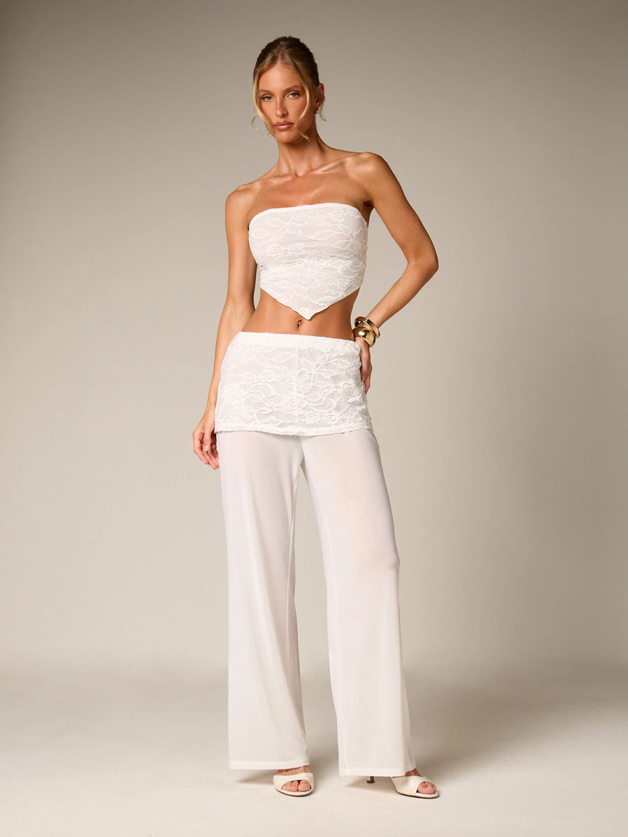 AiiRZ Fold Over Lace Panel Wide Leg Palazzo Trouser High Rise Flowing Summer Elegant Party Evening Formal Casual Spring - White - View 1