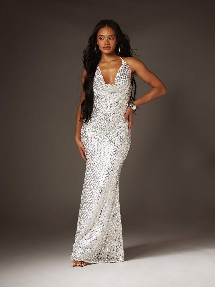 MISSGUIDED Sequin Halter Plunge Mermaid Maxi Dress