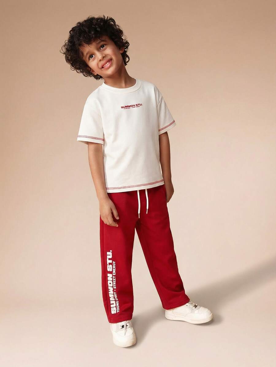 SUMWON Boys Summer Co-Ord Set Contrast Stitch T-Shirt Jogger Tracksuit Casual Design - Red - View 1