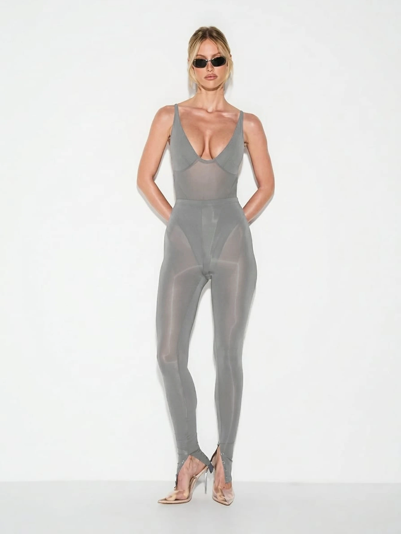 KIZN Deep V Neck Panel Detail Bodysuit With Straps