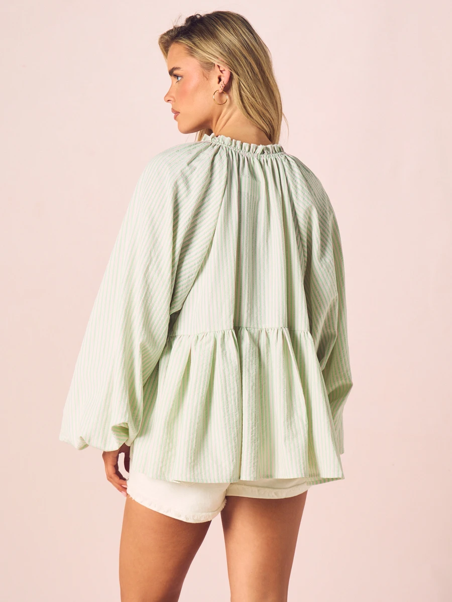 MISSGUIDED Green Striped Long Sleeve Peasant Blouse With Tie Front Detail And Ruffle Hem For Spring Summer Casual Wear - Green - View 1