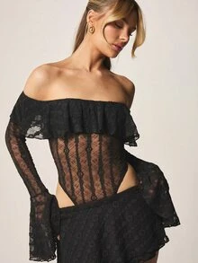 MISSGUIDED Off Shoulder Black Lace Bodysuit With Long Bell Sleeves And Ruffle Bardot Neckline For Evening Party Night Out Date Night Summer Sexy - Black - View 4