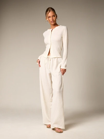 AiiRZ Textured Button Front Cardigan And Wide Leg Trouser Co-Ord Set Ribbed Knit Long Sleeve Relaxed Fit Loungewear