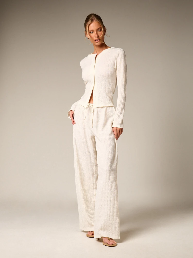 Textured Button Cardigan And Wide Leg Trouser Set