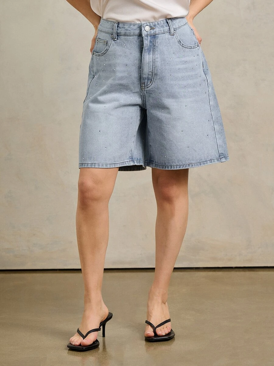 Rouah Women's Single Piece Premium Cotton Denim High-Rise Relaxed Silhouette All-Over Diamante Rhinestone Embellishment Knee-Length Light Wash Glamorous Lux Casual Bermuda Shorts For Resort Party Festival Spring Summer - Baby Blue - View 1