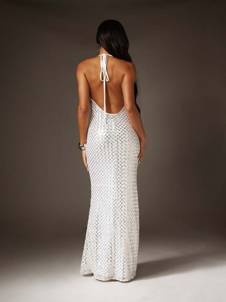 MISSGUIDED Sequin Halter Plunge Mermaid Maxi Dress