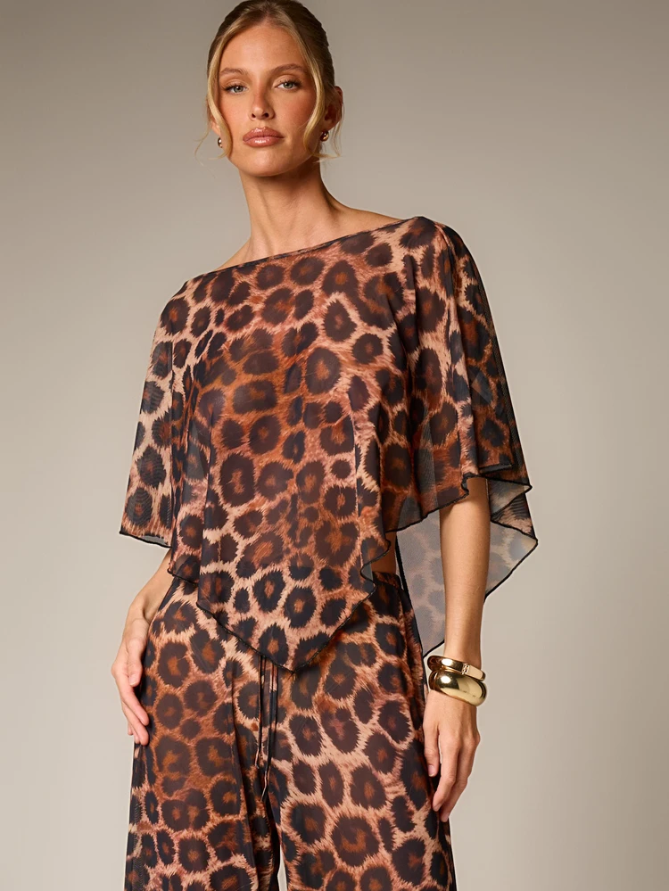 AiiRZ Leopard Print Cape Sleeve Blouse Boat Neck Sheer Chiffon Top With Flutter Sleeves Asymmetrical Hem Evening Occasion Wear Fall Fashion Statement Piece