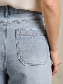 Rouah Women's Single Piece Premium Cotton Denim High-Rise Relaxed Silhouette All-Over Diamante Rhinestone Embellishment Knee-Length Light Wash Glamorous Lux Casual Bermuda Shorts For Resort Party Festival Spring Summer - Baby Blue - View 4