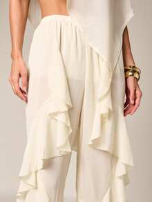 AiiRZ Cream Ruffle Detail High Rise Wide Leg Palazzo Pants With Flowing Layers And Feminine Silhouette - Apricot - View 5