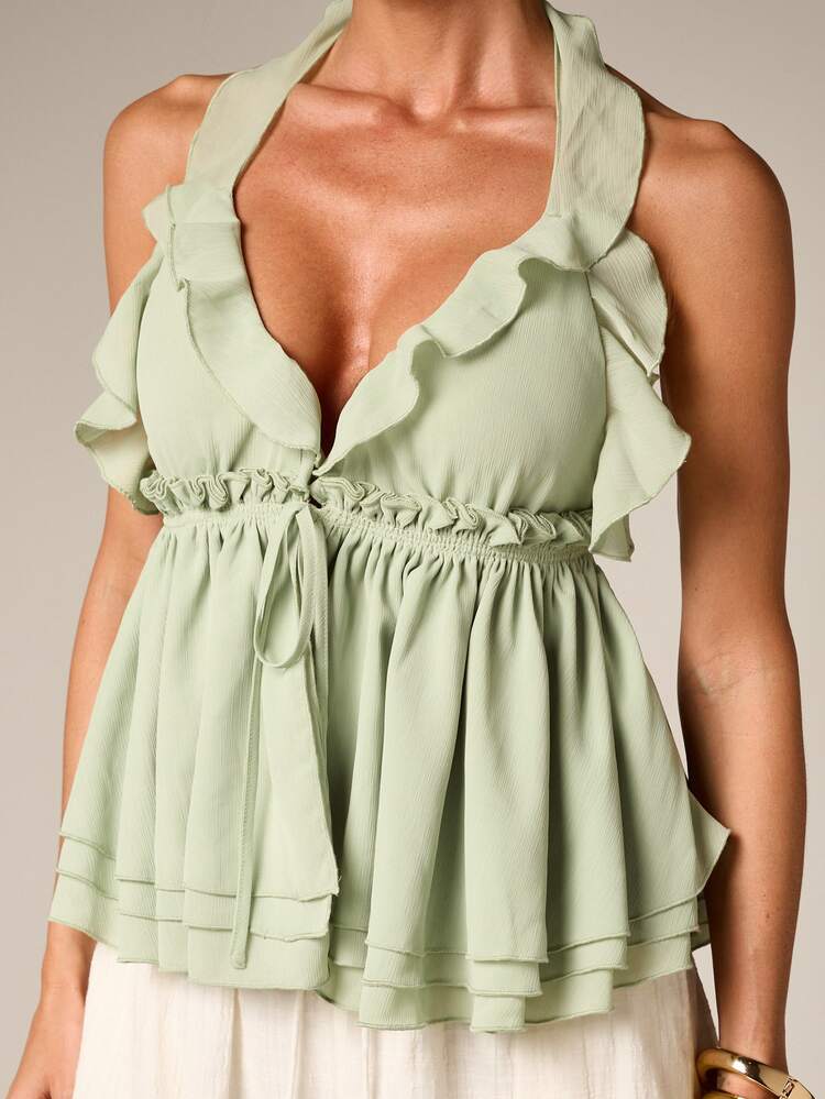 Sage Ruffle Tiered Halter Cami Top
