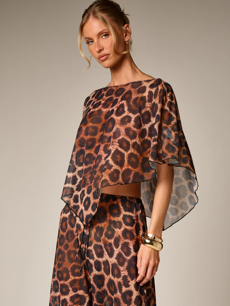 AiiRZ Leopard Print Cape Sleeve Blouse Boat Neck Sheer Chiffon Top With Flutter Sleeves Asymmetrical Hem Evening Occasion Wear Fall Fashion Statement Piece
