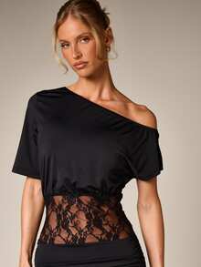 AiiRZ Off-Shoulder Black Lace Panel Asymmetric Ruched Bodycon Mini Dress With Sheer Waist Cutout Evening Party - Black - View 5