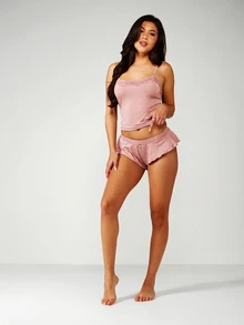 MISSGUIDED Lace Trim Camisole Pajama Set With Ruffled Sleep Shorts Sleepwear Loungewear Nightwear Comfort Soft Modal - Pink - View 4