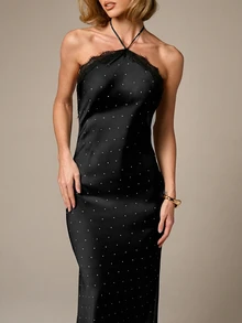 AiiRZ Vestido midi con escote halter, lunares y diseño de espalda abierta con encaje para ocasiones especiales, fiestas y bodas - Negro - Ver 4
