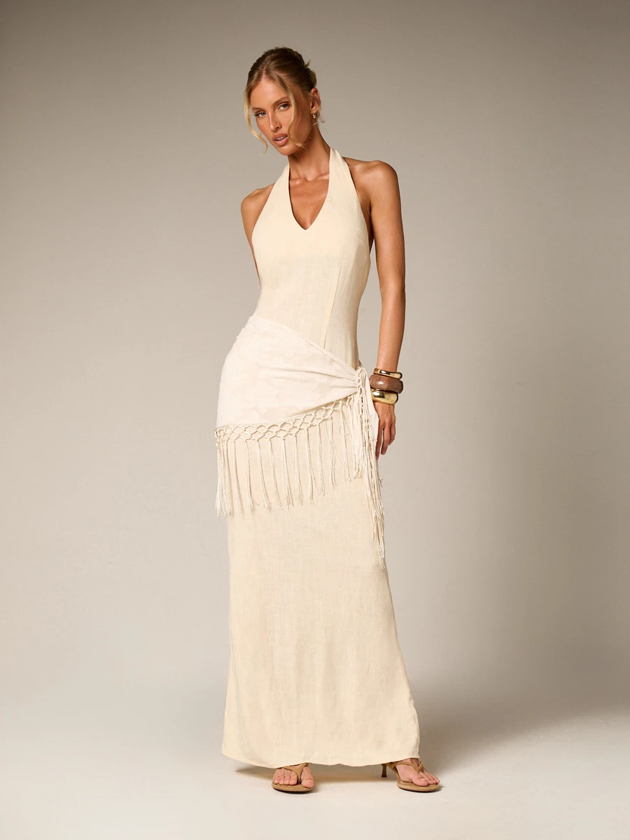 AiiRZ Halter Neck Fringed Linen Maxi Dress With Macrame Detail And Side Tie Closure For Summer Beach Wedding Guest Occasions Prom Party - Apricot - View 1