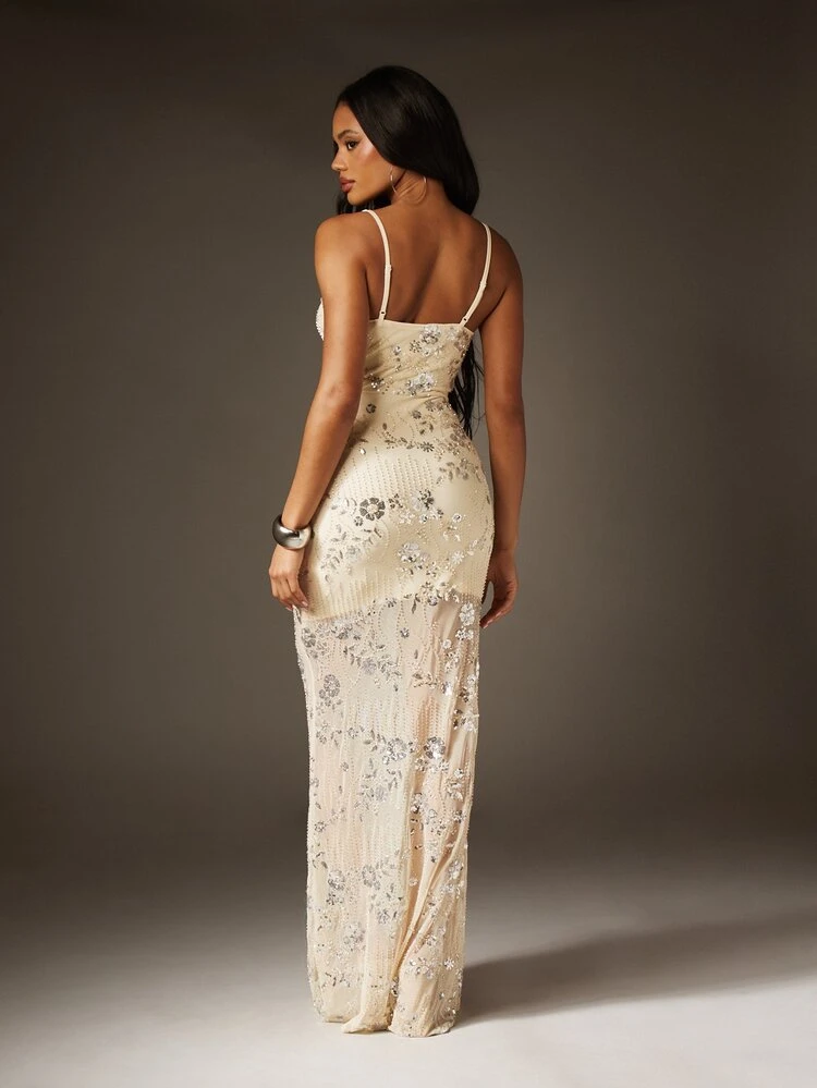 MISSGUIDED Embellished Sequin Maxi Dress With Cowl Neck Spaghetti Straps And Sheer Mesh Panels For Evening Occasions