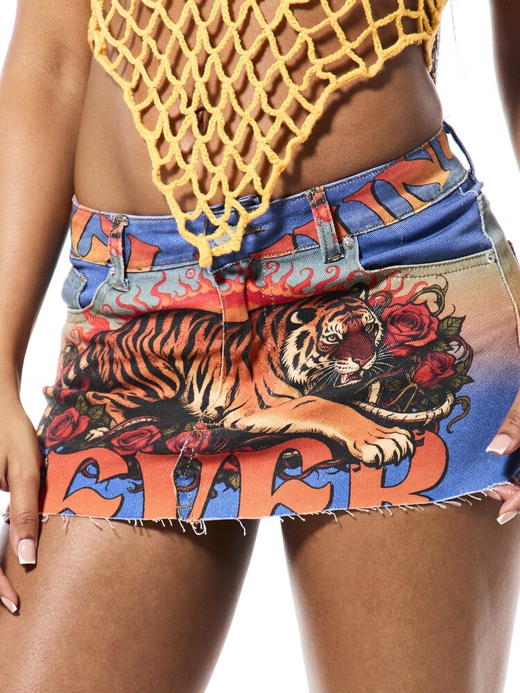 SUMWON Denim Tiger Print Mini Skirt