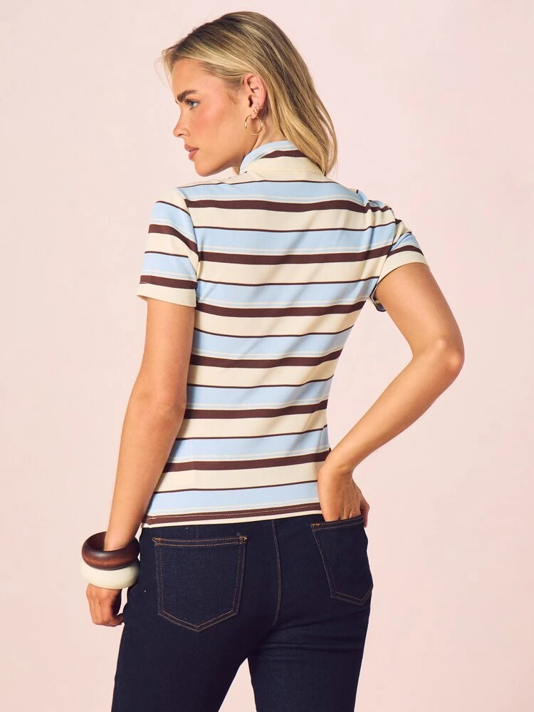 MISSGUIDED Keyhole Front Striped Short Sleeve Top