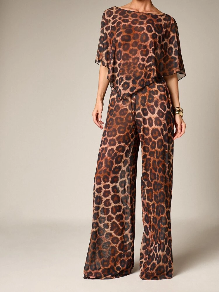 AiiRZ Leopard Print Wide Leg Palazzo Trouser With Mesh Fabric High Rise Full Length Fall Winter