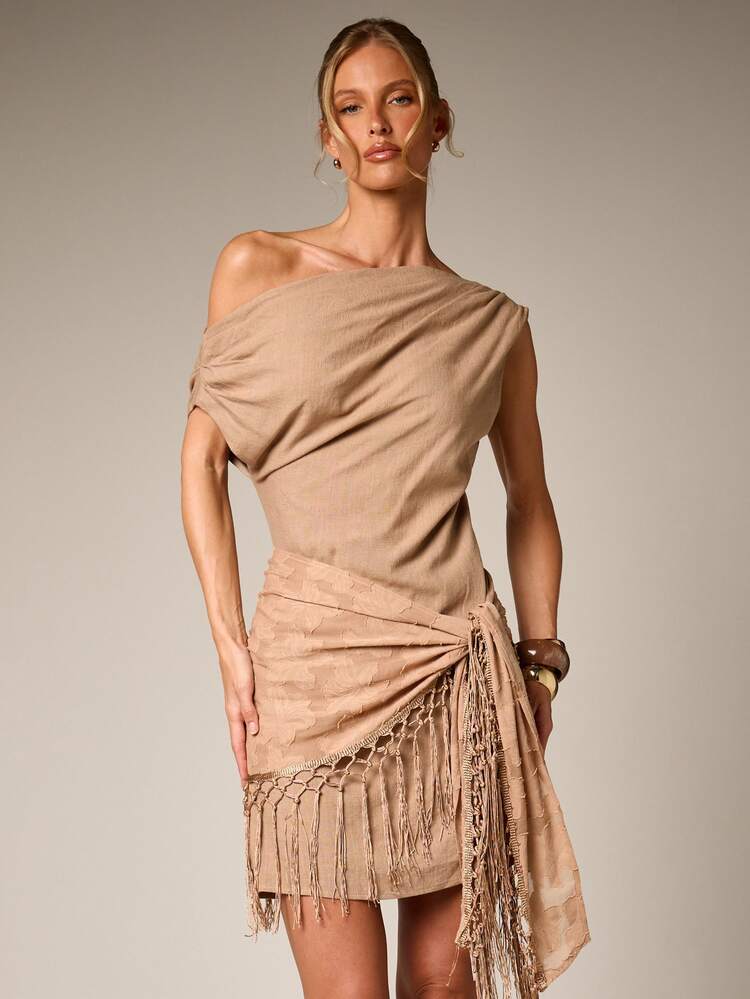AiiRZ Asymmetric One Shoulder Fringed Scarf Mini Dress With Draped Tie Detail And Tassel Embellishments For Party Evening Occasions Wedding Guest