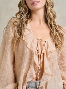 Rouah 女士米色薄纱褶皱雪纺荷叶边长灯笼袖系带喇叭上衣，适合夏季约会之夜 - 橘色 - 查看 4