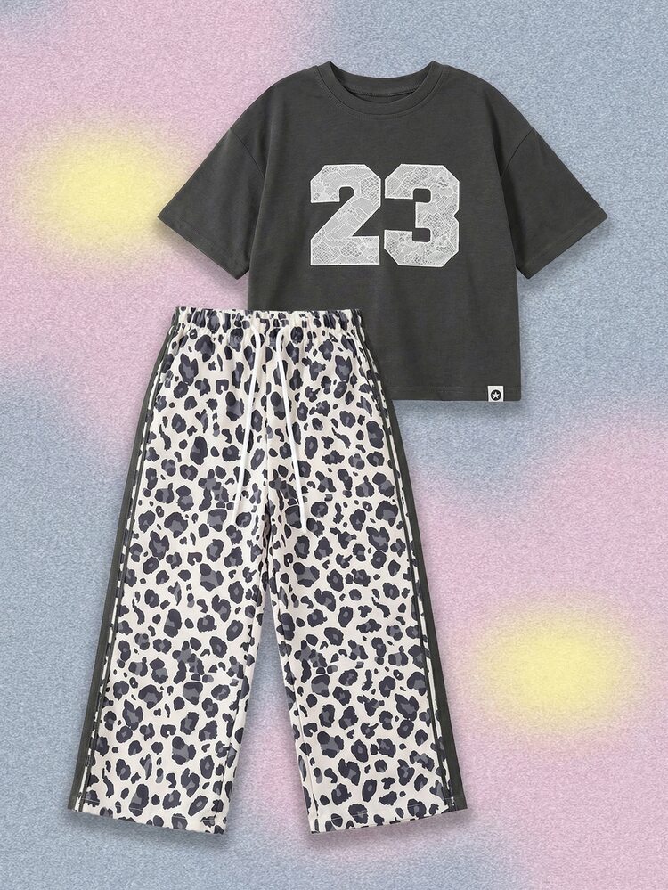 Youth T Shirt Co Ord Set Number 23 Print Animal Leopard Wide Leg Trouser Two Piece Casual Summer Outfit