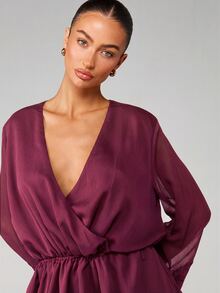 MISSGUIDED Deep V-Neck Wrap Mini Dress With Lace Trim And Wide Chiffon Sleeves - Burgundy - View 5