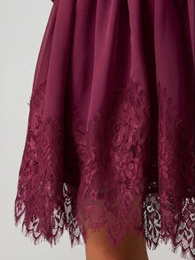 MISSGUIDED Deep V-Neck Wrap Mini Dress With Lace Trim And Wide Chiffon Sleeves - Burgundy - View 4