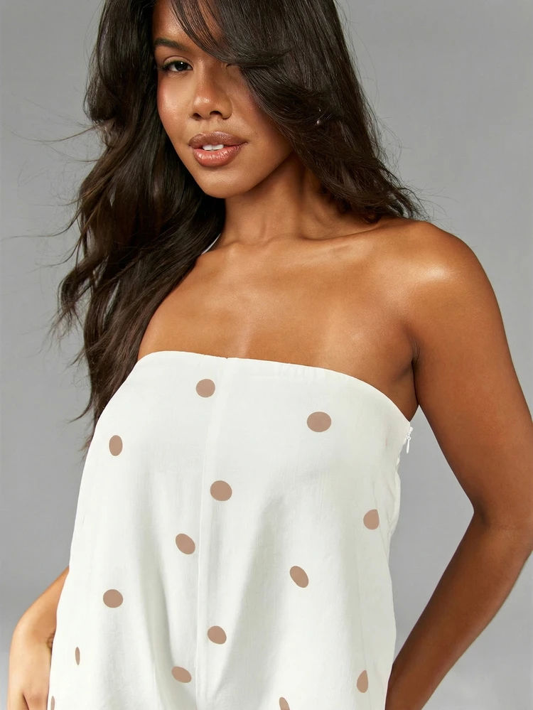 MISSGUIDED Strapless Linen Feel Polka Dot Playsuit With Side Pockets Relaxed Fit Summer Festival Bandeau Romper