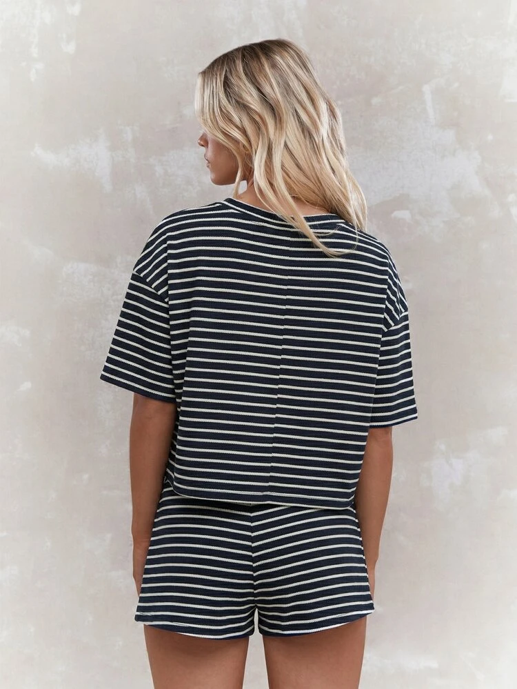 MISSGUIDED Striped Two Piece Co Ord Set Short Sleeve Top With High Waist Mini Shorts Summer Casual Lounge Coordinate Outfit