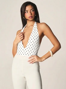 MISSGUIDED Polka Dot Bodysuit Deep V Neck Halter Style Backless One Piece Summer Fashion - White - View 3