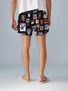 PLAYBOY X SUMWON Calções de banho com estampa de capa de revista, ideais para praia, piscina e férias de verão. Secagem rápida, cintura com cordão e estilo retrô. - Azul marinho - Ver 2
