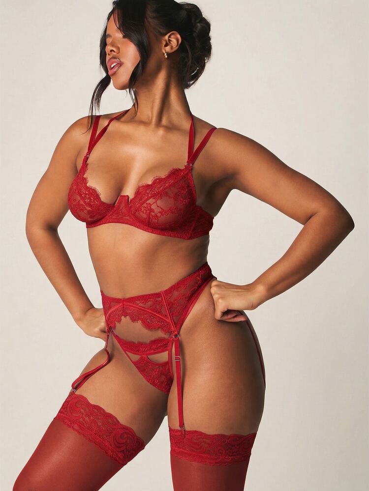 MISSGUIDED Red Lace Lingerie Set With Garter Belt Stockings Valentine Intimate Bra Panty Three Piece Bedroom Nightwear