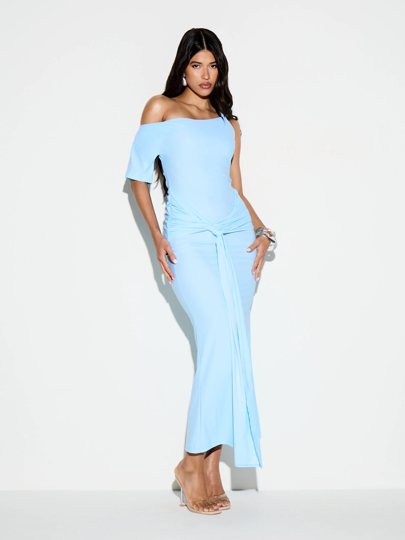 KIZN Light Blue One Shoulder Maxi Dress With Tie Detail