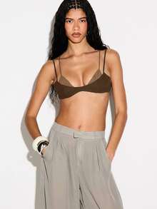 KIZN Áo bralette xếp lớp bằng vải crepe với các mảng vải lưới xuyên thấu và dây đeo mảnh, thời trang lễ hội mùa hè. - màu nâu - Xem 4