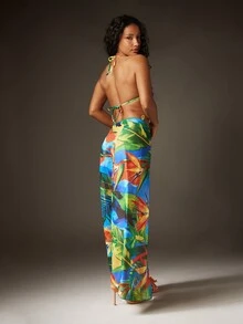 MISSGUIDED 热带印花露背比基尼套装，配同款头巾和纱笼罩衫，夏季沙滩装 - 彩色 - 查看 3