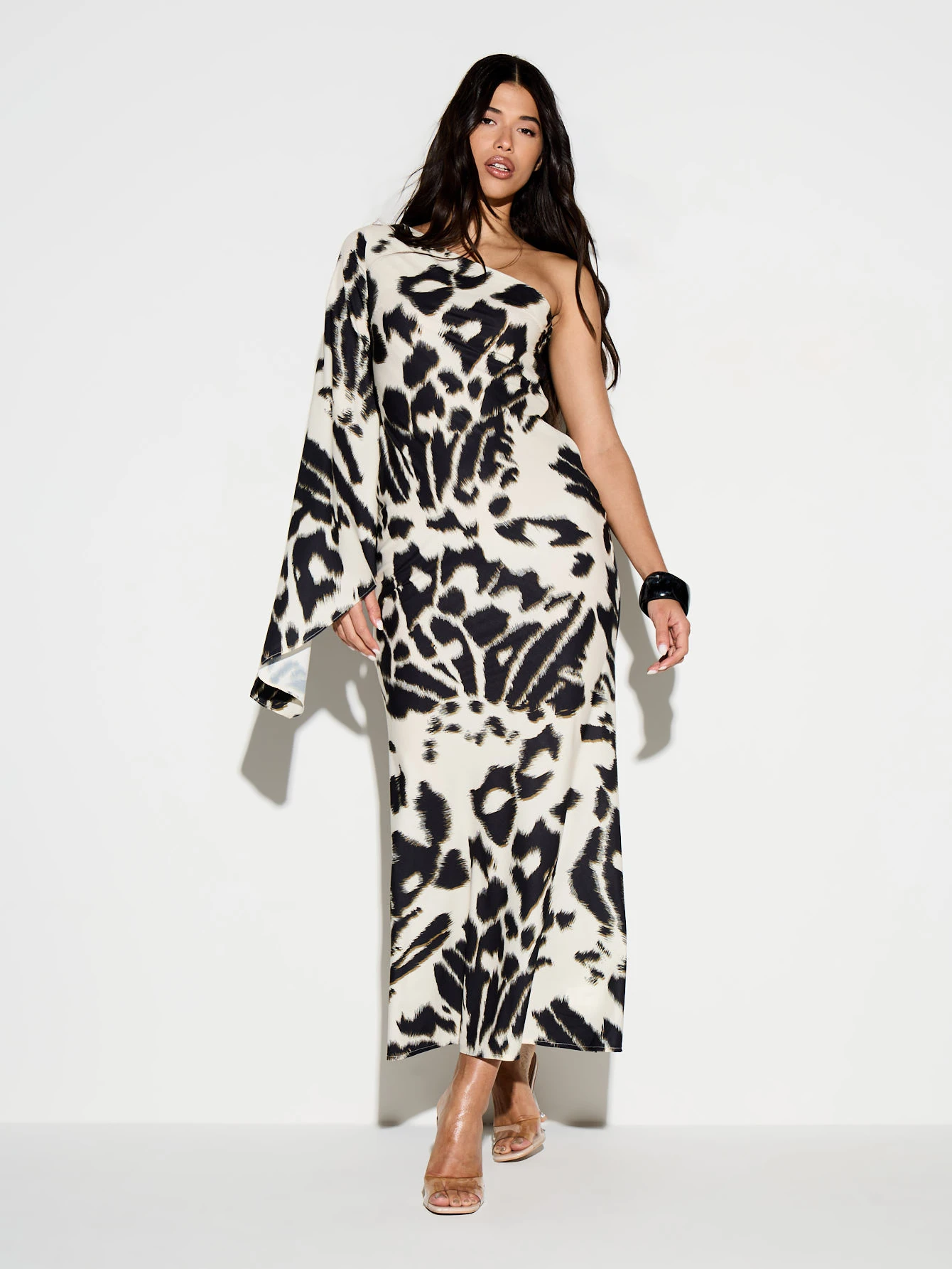 KIZN One Shoulder Leopard Print Maxi Dress With Flare Sleeve