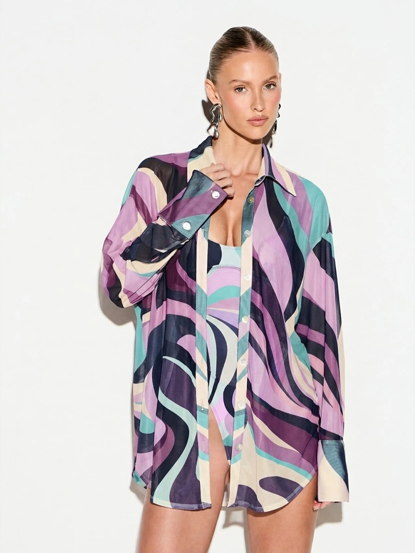 KIZN Swirl Print Mesh Beach Shirt With Long Sleeves