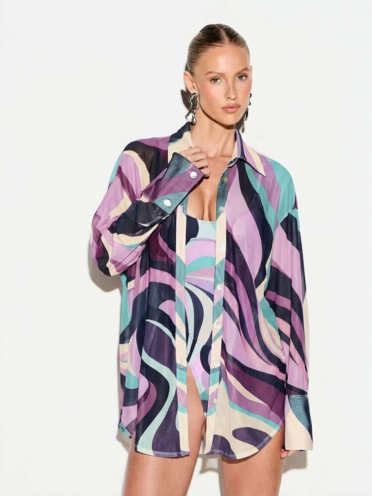 KIZN Swirl Print Mesh Beach Shirt With Long Sleeves