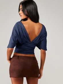 MISSGUIDED 深V领扭结前襟褶皱长袖露脐上衣，秋冬休闲裹身式衬衫 - 藏蓝色 - 查看 2