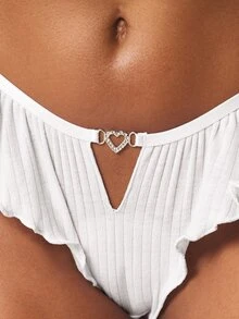 MISSGUIDED Ribbed High Waist Briefs With Ruffle Detail And Heart Charm For Beach Summer Vacation - White - View 3