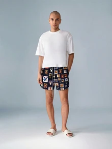 PLAYBOY X SUMWON Calções de banho com estampa de capa de revista, ideais para praia, piscina e férias de verão. Secagem rápida, cintura com cordão e estilo retrô. - Azul marinho - Ver 3