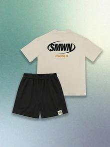 SUMWON 男童图案T恤和短裤套装，两件套夏季休闲纯棉圆领短袖松紧腰 - 米色 - 查看 1