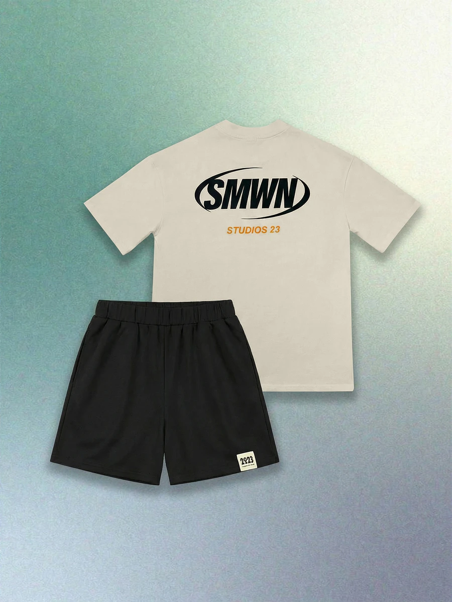 SUMWON 男童图案T恤和短裤套装,两件套夏季休闲纯棉圆领短袖松紧腰 - 米色 - 查看 1